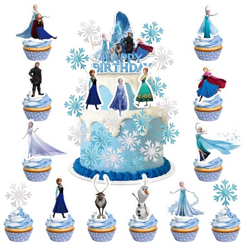 33 Stück Eiskönigin Tortendeko, Happy Birthday Kuchen Deko Frozen Figuren Geburtstagsdeko Schneeflocke Geschenke Schulkind Cupcake Geburtstag für Mädchen Jungen Kinder Cake Toppers Bing 33 Pcs von Heartsking