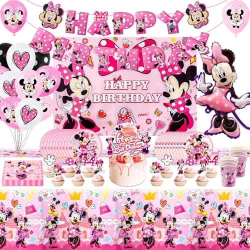 Kindergeburtstag Deko-Minnie Mouse Geburtstagsdeko 95 Stück Schön Geburtstag deko Pappteller Kindergeburtstag Birthday Party Supplies Geburtstag Teller Set Folienballon für Themenparty von Heartsking