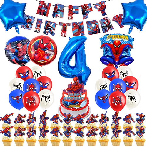 Geburtstagsdeko 4 Jahre, 52 Stück Spider Deko Geburtstag Kinder 6 Luftballons Party Geburtstagsdeko mit Folienballons,Themenparty Banner, Kuchen Deko für Mädchen Junge von Heartsking