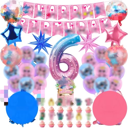 Geburtstagsdeko 6 Jahre, 43 Stück Geburtstag Deko Cartoon Theme Party Deko Geburtstag Rosa Geburtstagsdeko Kinder mit Folienballon, Birthday Banner und Tortendeko für Jungen Mädchen von Heartsking