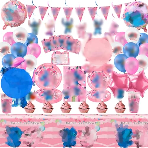 Partygeschirr Kindergeburtstag, 125 Stück Cartoon Geburtstagsdeko Rosa Theme Party Deko Geburtstag Geschirr Kit mit Banner,Luftballon, Tortendeko,Teller, Servietten,Tischdecken für Mädchen 359485031 von Heartsking