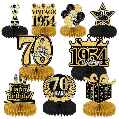 Heartsking 70. Geburtstag Frau Mann, 9 Stück Schwarz Gold Geburtstag Dekoration, Tischdeko Geburtstag 70 Geburtstag Deko, Bienenwabe Mittelstück für 70 Jahre Geburtstag Party Zubehör von Heartsking