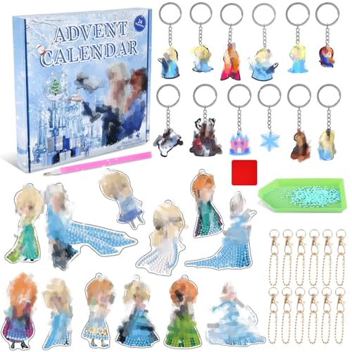 Heartsking Adventskalender 2024, 12 DIY Diamond Painting Schlüsselanhänger und 12 PVC Schlüsselanhänger Mädchen 24 Stück Frozen Weihnachten Anhänger Weihnachtskalender Geschenk für Jungen Mädchen von Heartsking