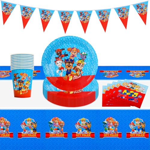 Heartsking Birthday Party Tableware 42 Stück Paw Dog Geburtstag Deko Partygeschirr Set ,Geschirrset mit Party Pappteller Becher Servietten Tischdecke Kindergeburtstag Geburtstagsdeko von Heartsking