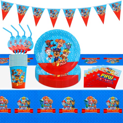 Heartsking Birthday Party Tableware 52 Stück Paw Dog Geburtstag Deko Partygeschirr Set ,Geschirrset mit Party Pappteller Becher Servietten Tischdecke Trinkhalme Kindergeburtstag Geburtstagsdeko von Heartsking