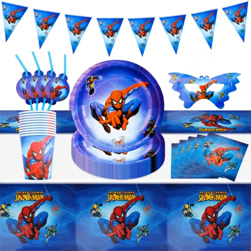 Heartsking Birthday Party Tableware 62 Stück Spider Geburtstag Deko Partygeschirr Set,Geschirrset mit Party Pappteller Becher Servietten Tischdecke Trinkhalme Kindergeburtstag Geburtstagsdeko von Heartsking