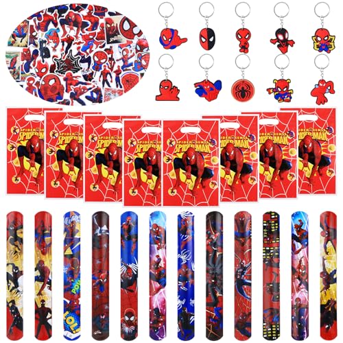 82 Pcs Mitgebsel Kindergeburtstag, Spider Party Mitgebsel Spielzeug Geburtstagsdeko 12 Schnapparmband Kinder 10 Schlüsselschnalle 50 Aufkleber 10 Geburtstagstüten Geburtstag Deko Zubehör Gadget von Heartsking