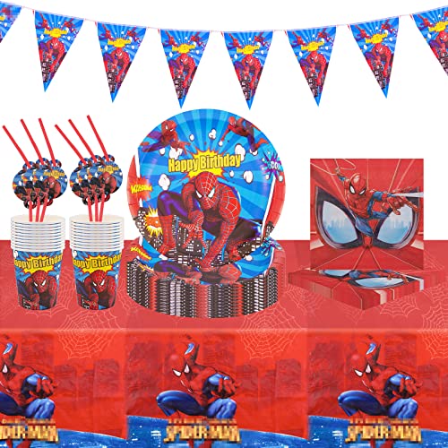 Kindergeburtstag Partygeschirr Set, 52 Stück Spider Geburtstagsdeko Party Tableware Supplies Deko Geburtstag Kinder Enthalten Teller,Tassen, Servietten, Tischdecken für 10 Gäste von Heartsking