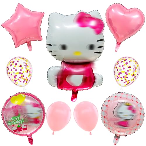 Luftballons Geburtstag, 9 Stück Kit-ty Geburtstag Deko Set Geburtstagsdeko Pink Party Supplies mit Folienballons, Cartoon Katze Party Deko Kindergeburtstag für Mädchen Theme Party von Heartsking