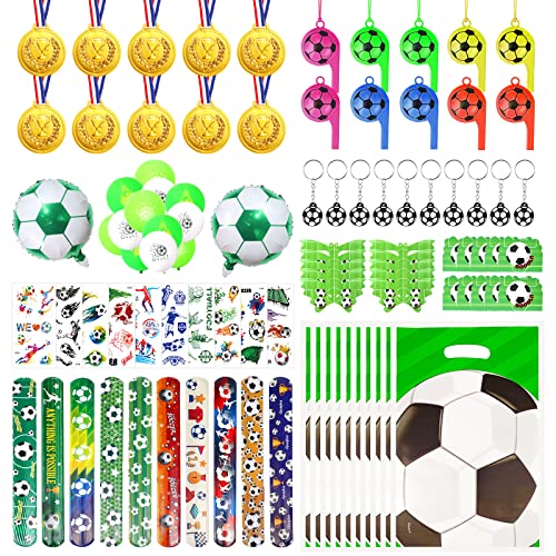 Mitgebsel Kindergeburtstag, 94 Pcs Fussball Deko Geburtstag Kinder Fussball Mitgebsel Jungen Geschenke Pinata Trillerpfeife Schnapparmband Schlüsselanhänger Medaillen Tattoos Einladungskarte von Heartsking