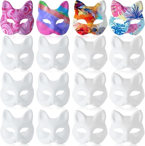 Heavelove 24 Stück Pappmaché-Masken Halbgesicht weiße Maskerade Maske DIY Blank Karneval Halloween Cosplay Party (Katzen- und Fuchs-Stil) von Heavelove