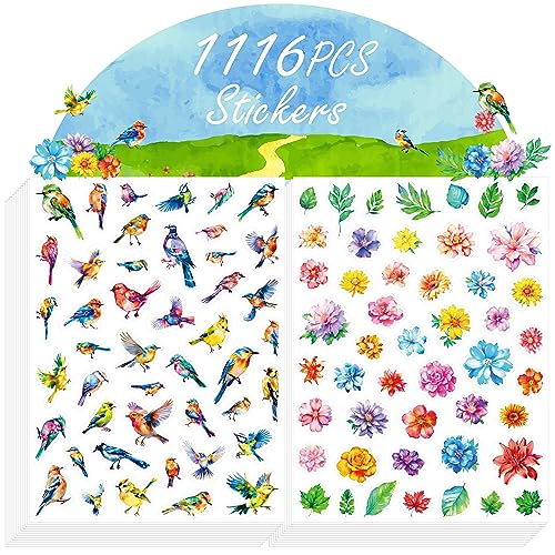 1116PCS Blumen-, Vogel- und Blatt-Aufkleber, 24 Bögen realistische Pflanzen- und Vogelaufkleber Frühlingsthema Partyzubehör Dekorationen für Kinder, Lehrer, Klassenzimmer von Hebayy