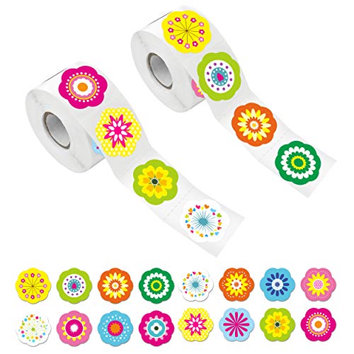 600 Blumen Sticker Aufkleber in 16 Designs mit Perforationslinien (Durchmesser 3,8 cm) von Hebayy