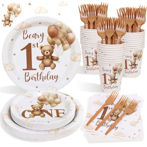 Heboland 1. Geburtstag Junge Partygeschirr Set für 25 Gäste, 125pcs Teddybär Pappteller für 1. Geburtstag Junge von Heboland