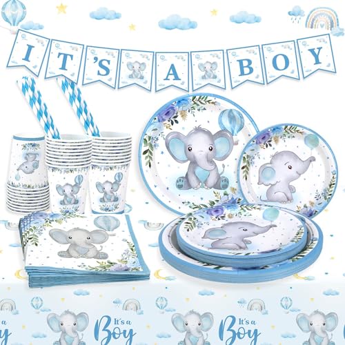 Heboland Babyparty Deko Junge Pappteller Set für 25 Gäste, 127 Stück its a boy Baby shower deko mit Teller, Becher, Servietten, Tischdecke und Banner für deko babyparty, babyshowerparty deko von Heboland