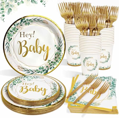 Heboland Babyparty Deko Neutral Partygeschirr Set für 25 Personen, 125 Stück Grün Gold Karton Papier Teller Becher Servietten Strohhalme für Baby Shower Junge Mädchen von Heboland