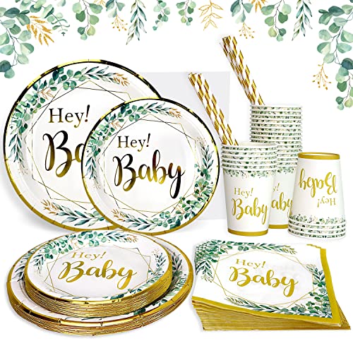 Heboland Babyparty Deko Neutral Partygeschirr Set für 25 Personen, 125 Stück Grün Gold Karton Papier Teller Becher Servietten Strohhalme für Baby Shower Junge Mädchen von Heboland