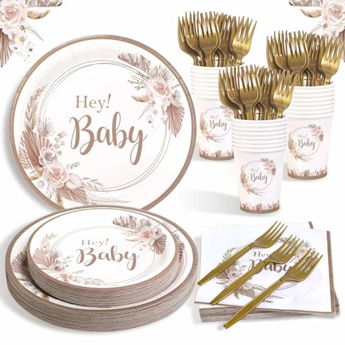 Heboland Babyparty Deko Partygeschirr Set, 125 Stück Neutral Hey Baby Party Decoration Teller Becher Servietten für Baby Shower Deko von Heboland