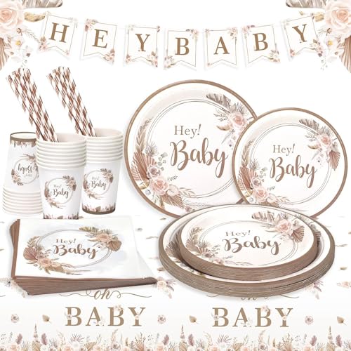 Heboland Babyparty Deko Partygeschirr Set, 127 Stück Hey Baby Teller Becher Servietten Strohhalme wiederverwendbar Tischdecke Banner für Baby Shower von Heboland