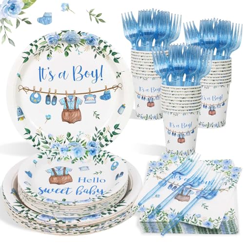 Heboland Babyparty Junge Pappteller Set für 25 Gäste, 125 Stück its a Boy Baby Shower mit Teller für babyparty, babyshowerparty von Heboland