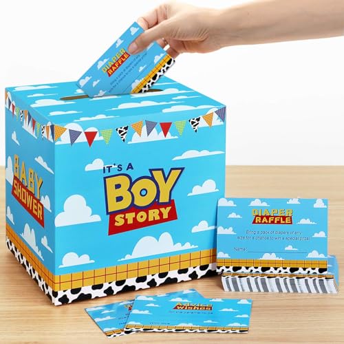 Heboland Cartoon-Spielzeug für Babypartys, Dekorationen, Windel, Tombola-Box mit 50 Tickets, It's A Boy Story, Babyparty-Themenspiel von Heboland