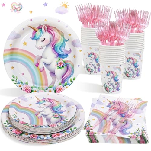 Heboland Einhorn Deko Kindergeburtstag Pappteller Set für 25 Gästen, 125pcs Einhorn Pappteller Pappbecher Servietten für Einhorn Party Deko Mädchen von Heboland