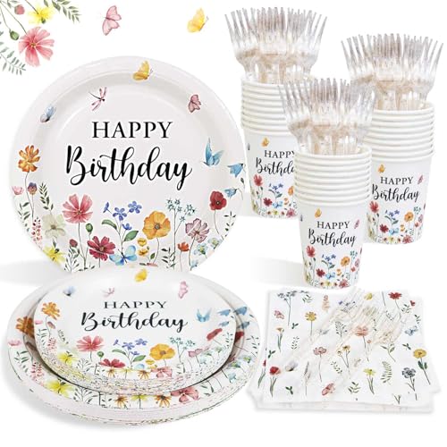 Heboland Pappteller Geburtstag für 25 Gäste, 125pcs wiederverwendbare Blumen Deko Partygeschirr Set für Geburtstagsdeko Mädchen Frauen von Heboland