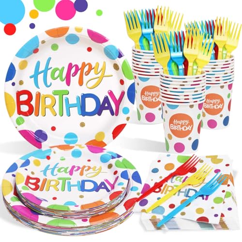 Heboland Pappteller Kindergeburtstag bunt Polka Dot Design Partygeschirr Set Geburtstag 125pcs Pappteller Becher Servietten für Erwachsene Jungen Mädchen Geburtstagsdeko, 25 Gäste von Heboland