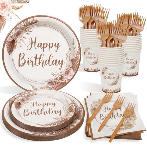 Heboland Partygeschirr Set Geburtstag für 25 Gäste, 125pcs Bohème-Stil Partygeschirr Set Geburtstag für Geburtstagsdeko Mädchen und Frauen von Heboland