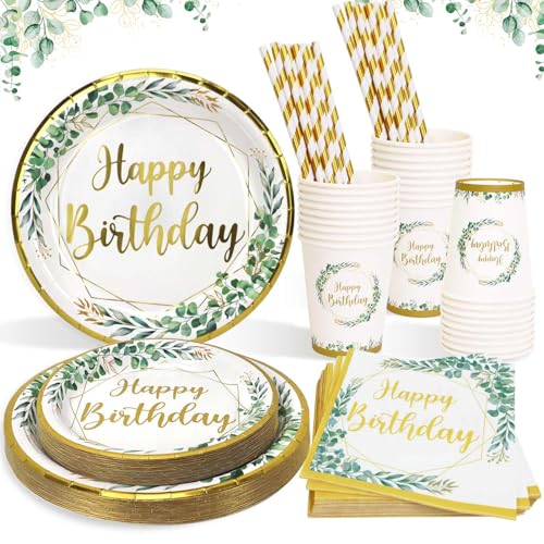 Heboland Partygeschirr Set grüne Goldfolie Pappteller Geburtstag für 25 Gäste, 125pcs wiederverwendbare Pappgeschirr für Geburtstagsdeko Mädchen Frauen von Heboland