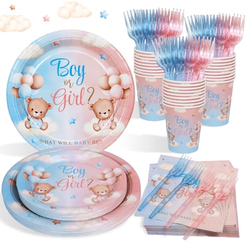 Heboland Teddybär Gender Reveal Dekorationen Geschirr-Set für 24 Gäste, 120 Stück, Geschlechtsoffenbarung, für Jungen oder Mädchen, rosa blauer Bär, Baby-Party, Teller, Becher und Servietten, von Heboland