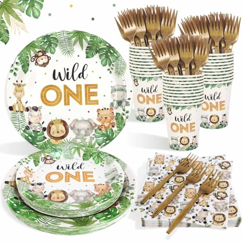 Heboland Wild One Geburtstag Deko Partygeschirr Set für 25 Gäste, Junge 1 Jahr Safari Dschungel Party Papier Teller Becher Servietten Strohhalme Wild One Partyzubehör Set von Heboland