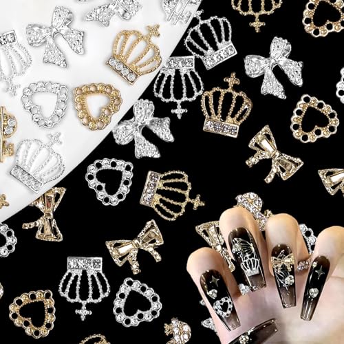 Hebterrka 30 Stück 3D Metalllegierung Nagel Charms, Dollar, Krone, Diamant, Gold und Silber Schleifen, Herz Strass, Luxuriöse Nagelkunst Dekorationen für Frauen von Hebterrka