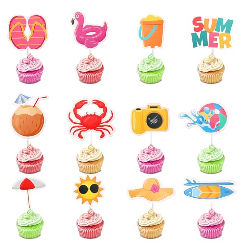 Hebterrka 36 Stück Beach Cupcake Topper, Tropische Kuchenaufsätze für Sommerpartys, Hochzeiten, Geburtstage - Exotische Kuchendekoration von Hebterrka