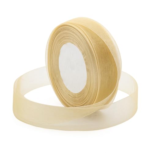 Hebterrka Goldenes Geschenkband, 1 Zoll 50 Yard Sheer Organza Band, Chiffonband für Geschenke, Blumensträuße, Hochzeitsdekoration, Valentinstag, Präsente von Hebterrka