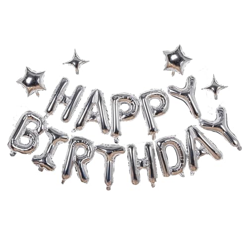 Hebterrka Silber Happy Birthday Banner Ballon Aluminiumfolie 16 Zoll Buchstaben, 10 Zoll Fünfzackiger Stern Vierzackiger Stern Geeignet für Kinder, Party Dekoration Zubehör von Hebterrka