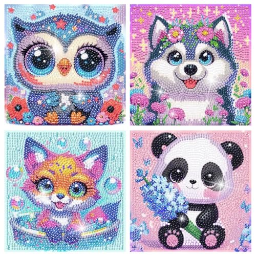 4er Set 5D Diamant Painting für Kinder,Cartoon-Tiere DIY Mosaik-Kits mit Vollbohrer,Kreative Diamond Painting für Mädchen und Jungen,Geschenkideem und Wanddekoration（Eule, Welpe,Fuchs,Panda,15x15cm） von HecticCore