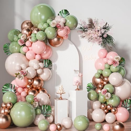 Sage Green Pink Balloon Arch Kit,150Pcs Sage Green and Pink Balloon Garland Arch Kit with Pink White Sand Rose Gold Balloons for Baby Shower Decoration,Birthday Party,Wedding,Jungle Safari Party Decor von HeeJoy