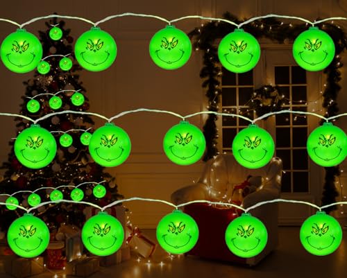 Hefnoya Green Monster Weihnachts-Lichterkette, 3 m, 20 LEDs, batteriebetrieben, Weihnachtsfeiertagsdekoration, Innen- und Außenbereich, für Haus, Garten oder Weihnachtsbaum von Hefnoya