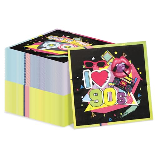 100Pcs 90er Jahre Servietten 90er Jahre Party Dekorationen Servietten Bunte 90er Jahre Hip Hop Servietten für Zurück zu den 90er Jahre Thema Geburtstag Party Zubehör, 13 x 13inch von Hegbolke