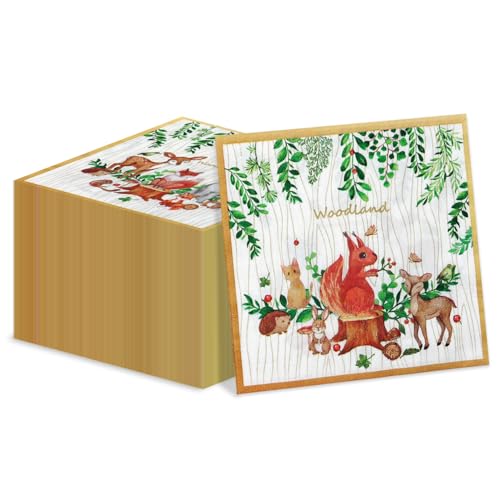 100Pcs Woodland Party Servietten x113 x 13inch Tier Baby Dusche Servietten, Forest Friends Fox Deer Dinner Lunch Paper Serviette für Woodland Baby Dusche Dekorationen Wald Party Dekorationen von Hegbolke