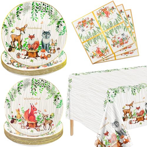 Hegbolke 61Pcs Woodland Party Dekorationen - Woodland Baby Dusche einschließlich Teller, Servietten, Tischtuch für Tierfreunde Fuchs Hirsch Wald Party Dekorationen, Serve 20 von Hegbolke