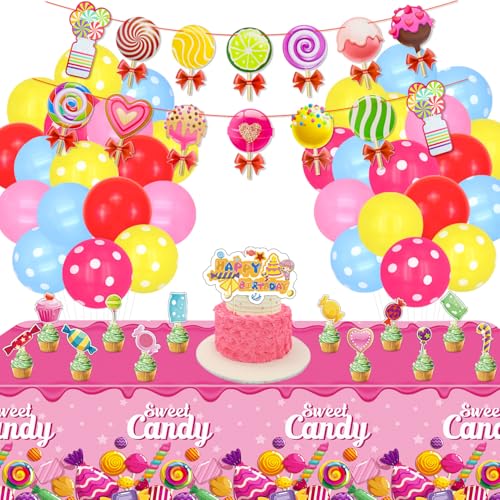 Candyland Party Dekorationen einschließlich Candy Banner, Kuchen Toppers, Luftballons, Tischdecke für Mädchen Kinder Lollipop Candyland Sweet One Two Sweet Donut Grow Up Geburtstag Party Dekorationen von Hegbolke