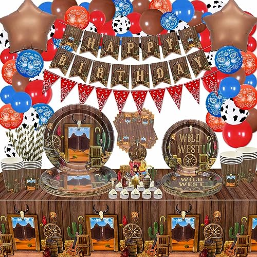 Hegbolke Cowboy Party Dekorationen - Western Cowboy Thema Party Dekorationen einschließlich Teller, Servietten, Banner, Western Tischdecke, Luftballons, Cupcake Toppers - Serve 20 von Hegbolke