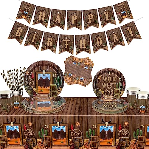 Hegbolke Cowboy Party Dekorationen - Western Party Dekorationen einschließlich Teller, Servietten, Western Tischtuch, Tassen, Banner für Cow Print Party Supplies - Serve 20 von Hegbolke