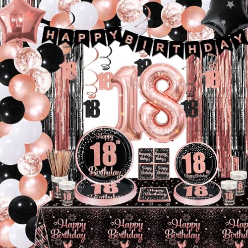 Hegbolke Dekorationen zum 18. Geburtstag – Partydekorationen in Schwarz und Roségold, Luftballons, Teller, Servietten, Becher, Tischdecke, Partyzubehör zum 18. Geburtstag für Mädchen, für 20 Personen von Hegbolke