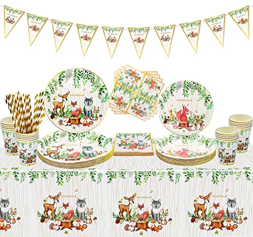 Hegbolke Woodland Baby Shower Dekorationen – Forest Animal Friends Fuchs Hirsch Bär Waschbär Set inklusive Teller, Becher, Servietten, Tischdecke, Banner – für 20 A von Hegbolke