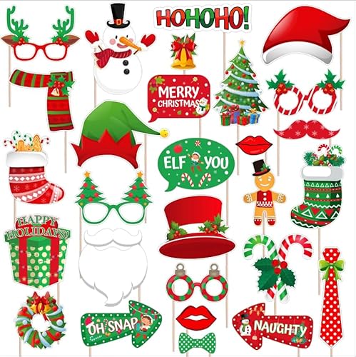 HeiPen 28 Stücke Foto Requisiten Weihnachten, Weihnachten Foto Booth Props Kit Frohe Weihnachten Party Dekoration, Brillen Weihnachten, Xmas Party Photo Supplies von HeiPen