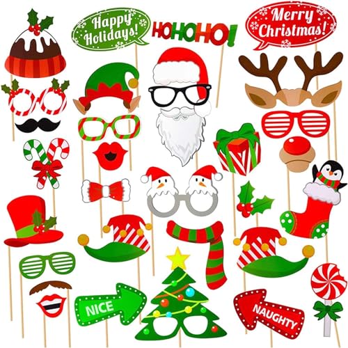 HeiPen 32 Stücke Foto Requisiten Weihnachten, Weihnachten Foto Booth Props Kit Frohe Weihnachten Party Dekoration, Brillen Weihnachten, Xmas Party Photo Supplies von HeiPen