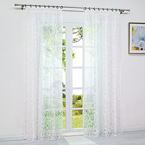 HeichkelL Optik Gardine Ausbrenner mit Kräuselband Blumen-Muster Voile Vorhänge für Wohnzimmer Fenster Dekoschal Luftig Lichtdurchlässig 1 Stück 140x145 cm (BxH) Weiß von HeichkelL